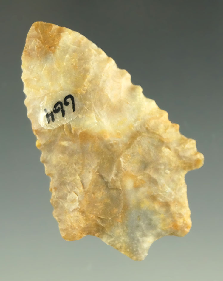Nicely serrated 2" Flint Ridge Flint Transitional Paleo found in Ohio. Ex. Driskill.