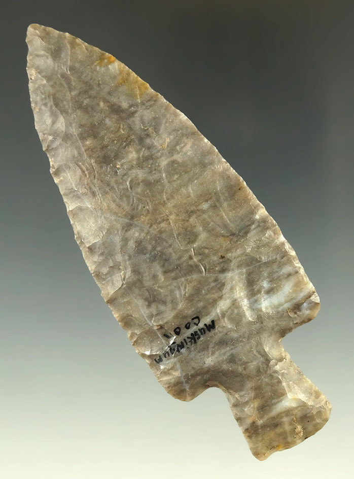 4 1/4" Archaic Stemmed found in Muskingum County Ohio - Mottled Coshocton Flint. Ex. Driskill.