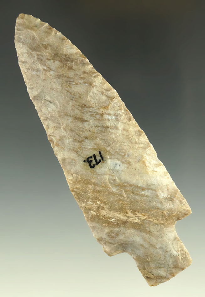 4 1/2" Coshocton gray Flint Archaic Stemmed point found in Hancock County Ohio. Ex. Driskill.