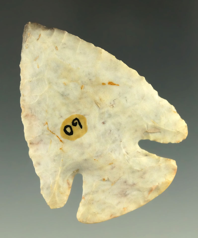 2 5/16" Flint Ridge chalcedony Deep Notched Archaic found in Hancock County Ohio. Ex. Driskill.