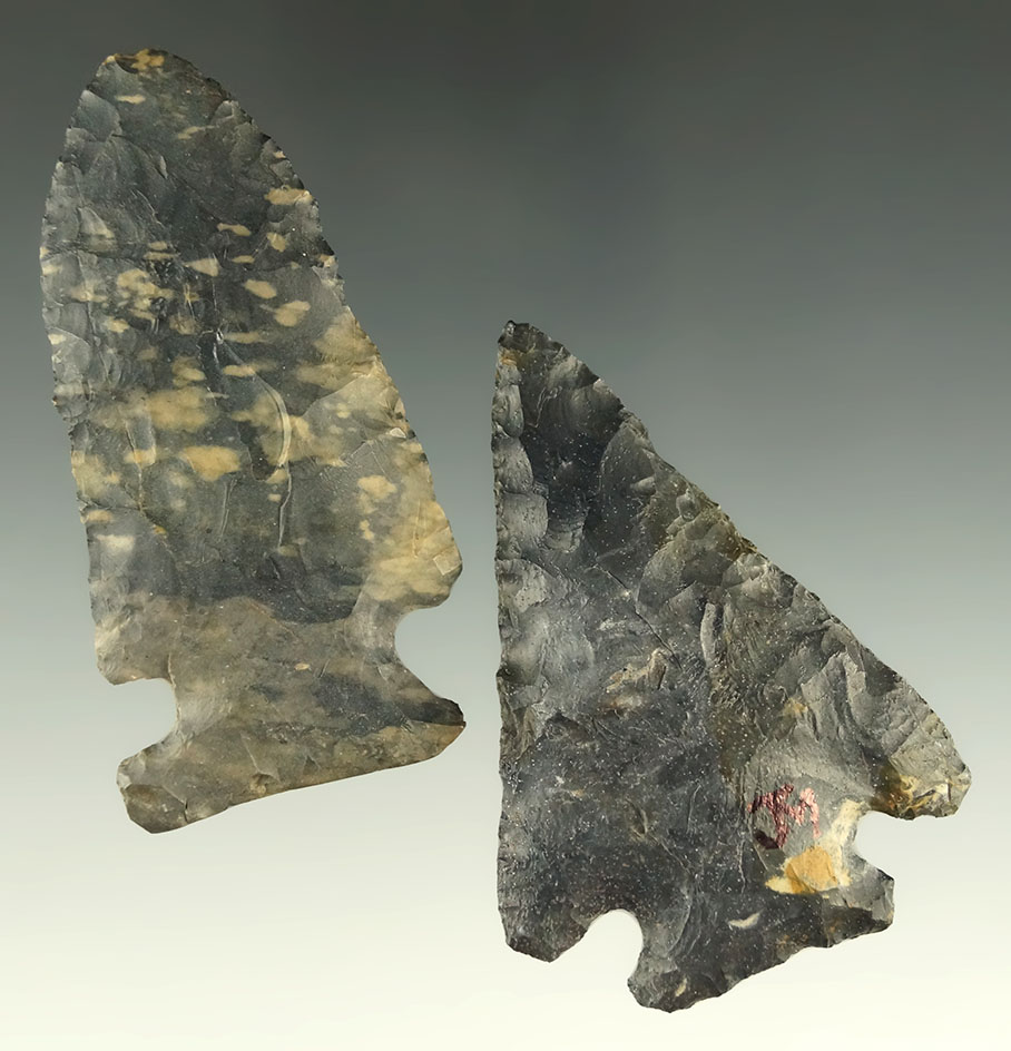 Pair of Coshocton Flint Archaic Cornernotch points found in Ohio. Largest is 2 13/16".