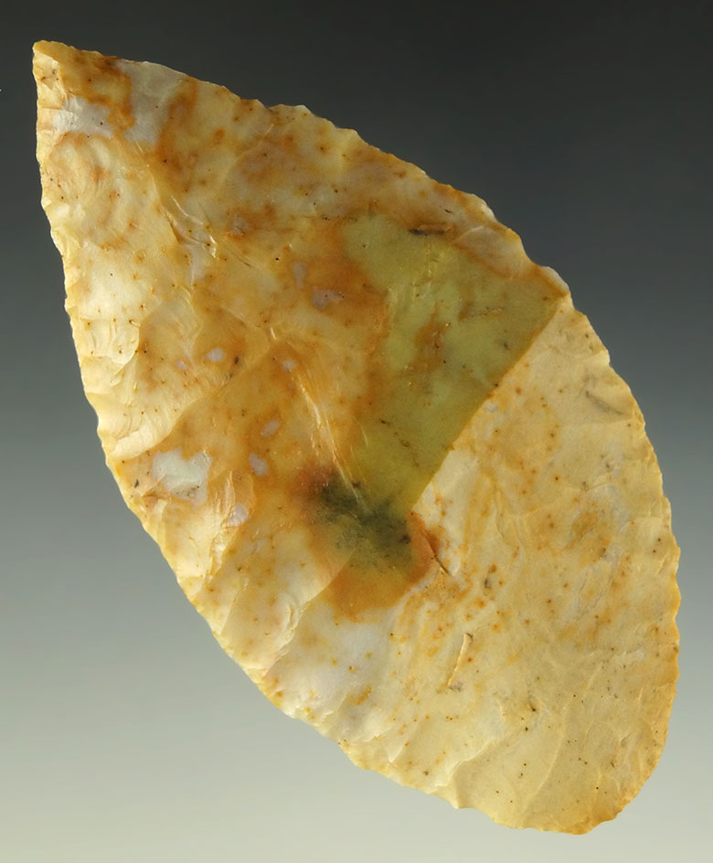 Beautifully colored 3 11/16" Flint Ridge Flint blade found in Crawford County Ohio. Ex. Anspaugh.