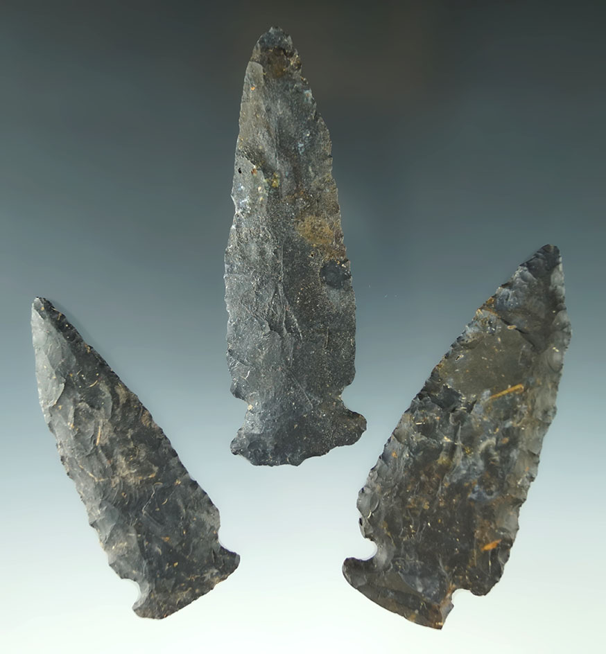 Set of three Coshocton Flint Archaic Cornernotch Knives, largest is 3 7/8". Ohio. Ex. Dr. Jim Mills.