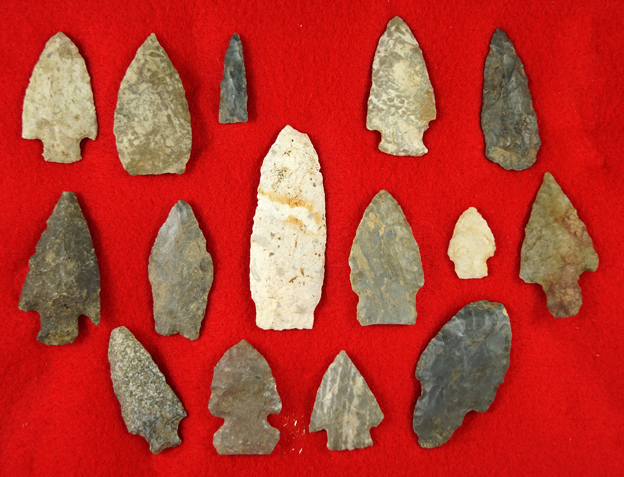 Set of 15 assorted Ohio arrowheads, largest is 3".