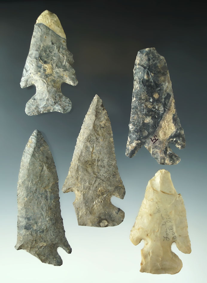 Set of five restorable Thebes points found in Ohio, largest is 3 13/16".