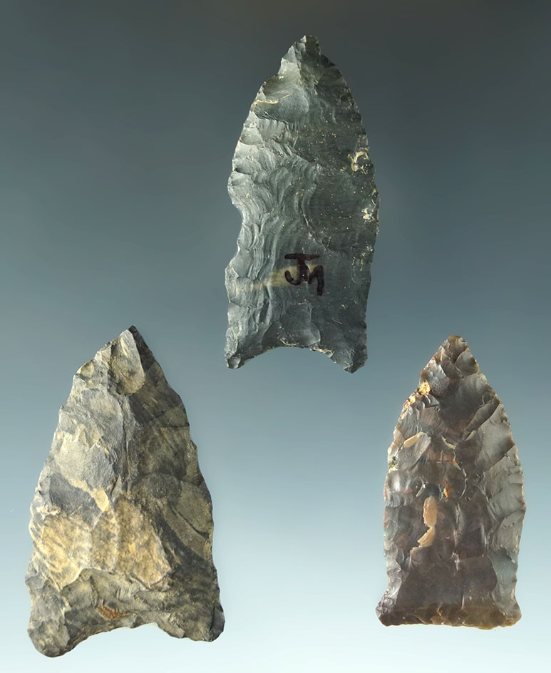 Set of three Coshocton Flint Paleo Points, largest is 1 7/8".