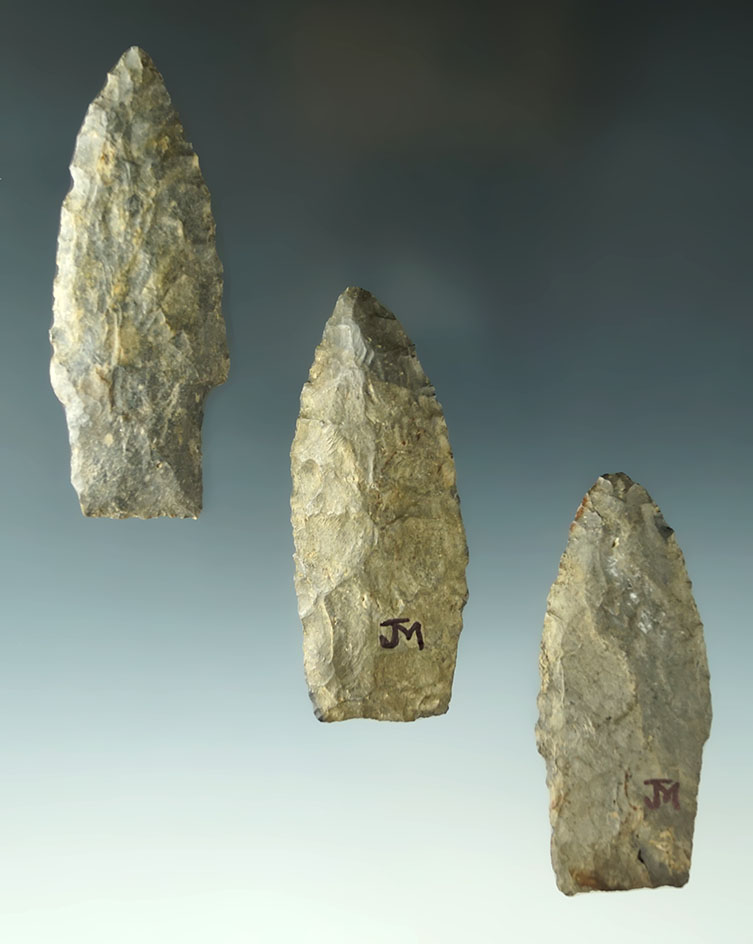 Set of three Paleo Lances, one is stemmed. Largest is 2 7/8". All found in Ohio.