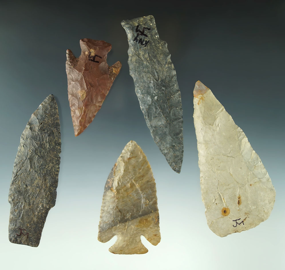 Set of five assorted restored arrowheads, largest is 4".