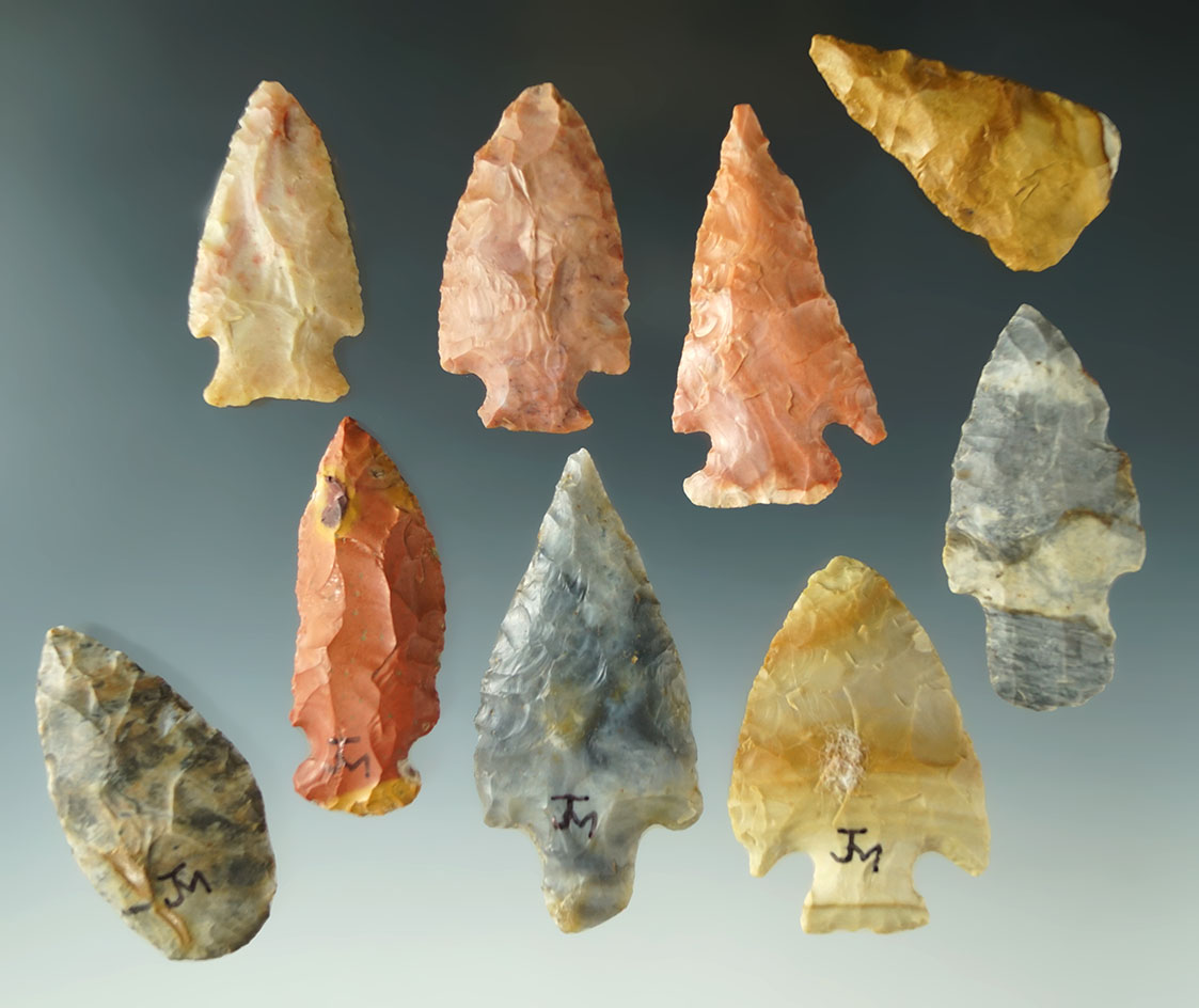 Nice set of nine assorted colorful arrowheads that are Ex. Stanley Copeland, Grover Brown.