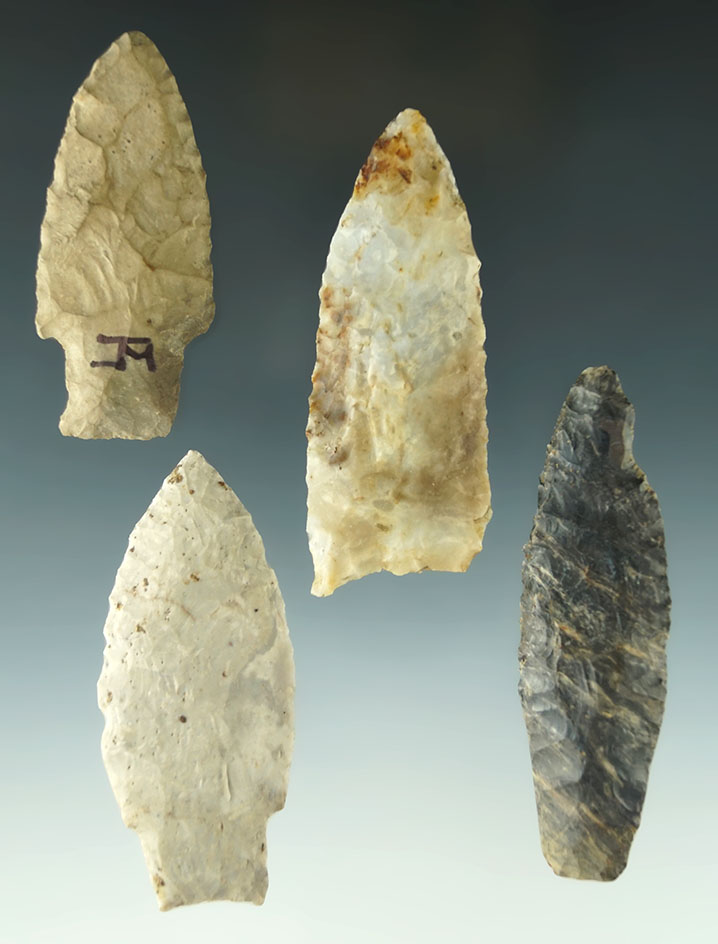 Set of four Paleo Lances found in Ohio, largest is 2 7/8".