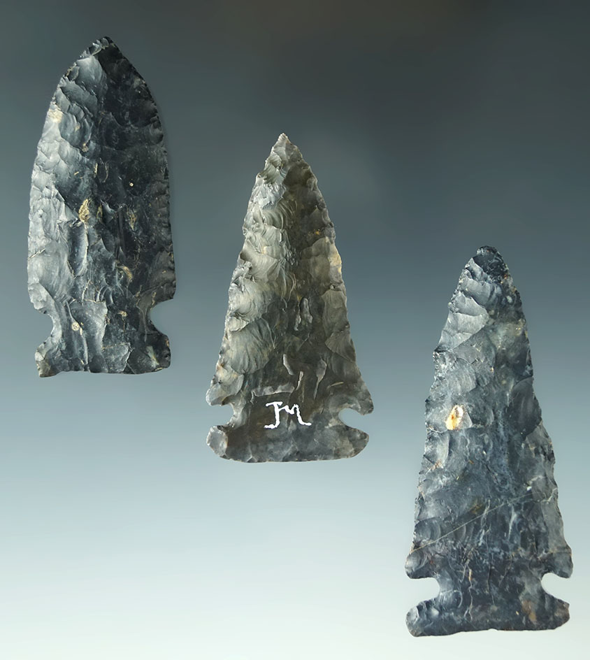 Set of three Coshocton Flint Archaic points, largest is 2 11/16". Ex. Dr. Jim Mills.