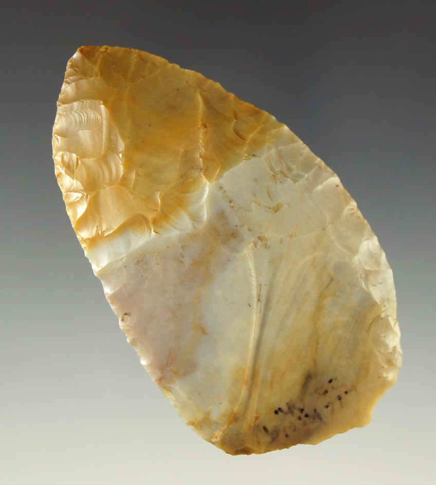 Attractive purple and caramel colored jewel Flint Ridge Blade found in Licking County Ohio.