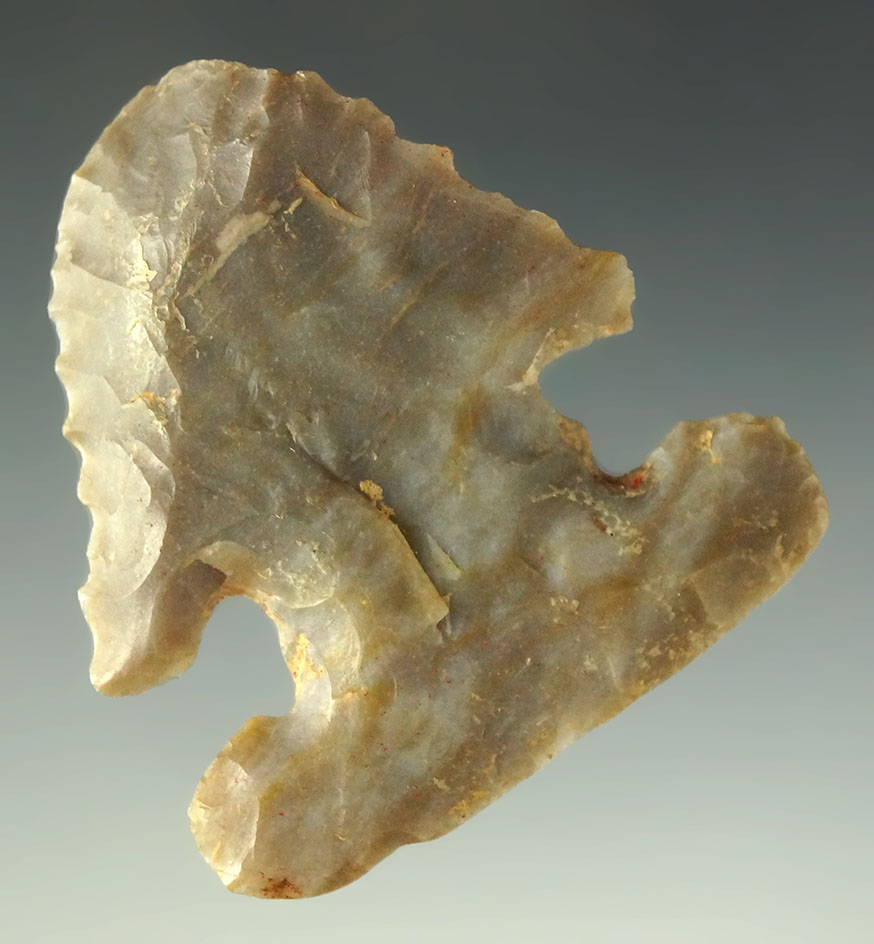 Rare! 1 5/8" Flint Ridge Flint Thebes E-Notch that is steeply beveled found in Ohio.