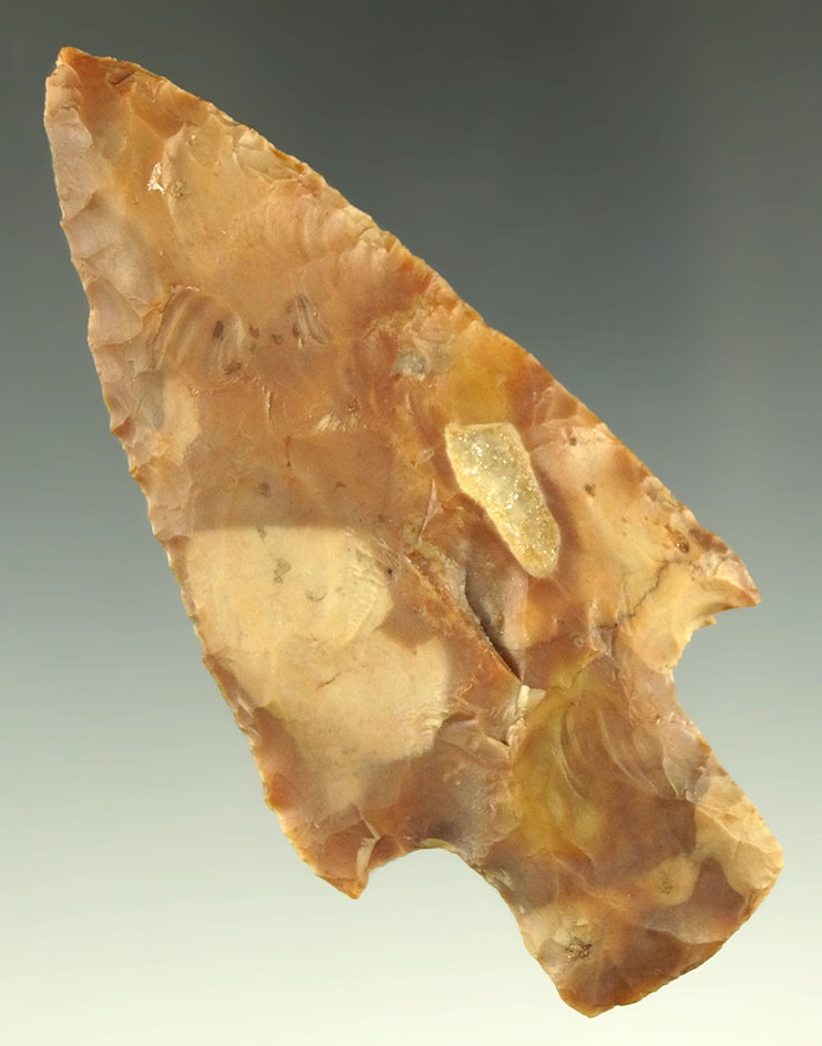 3 5/16" Flint Ridge Flint Robbins Adena found in Ohio with a nice quartz inclusion. Davis G-9 COA.