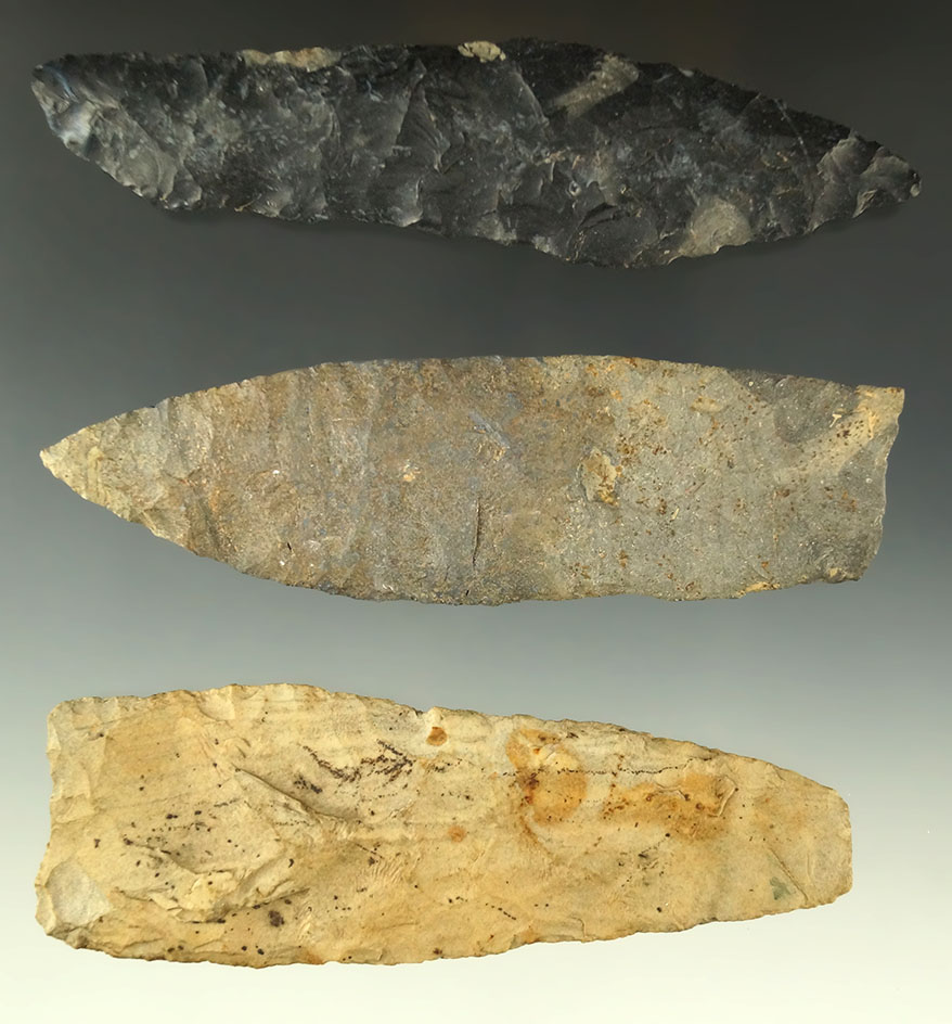 Set of three Paleo Knives, largest is 4 5/8" one is a chisel tip which was pictured. Ex. Dr. Jim Mil