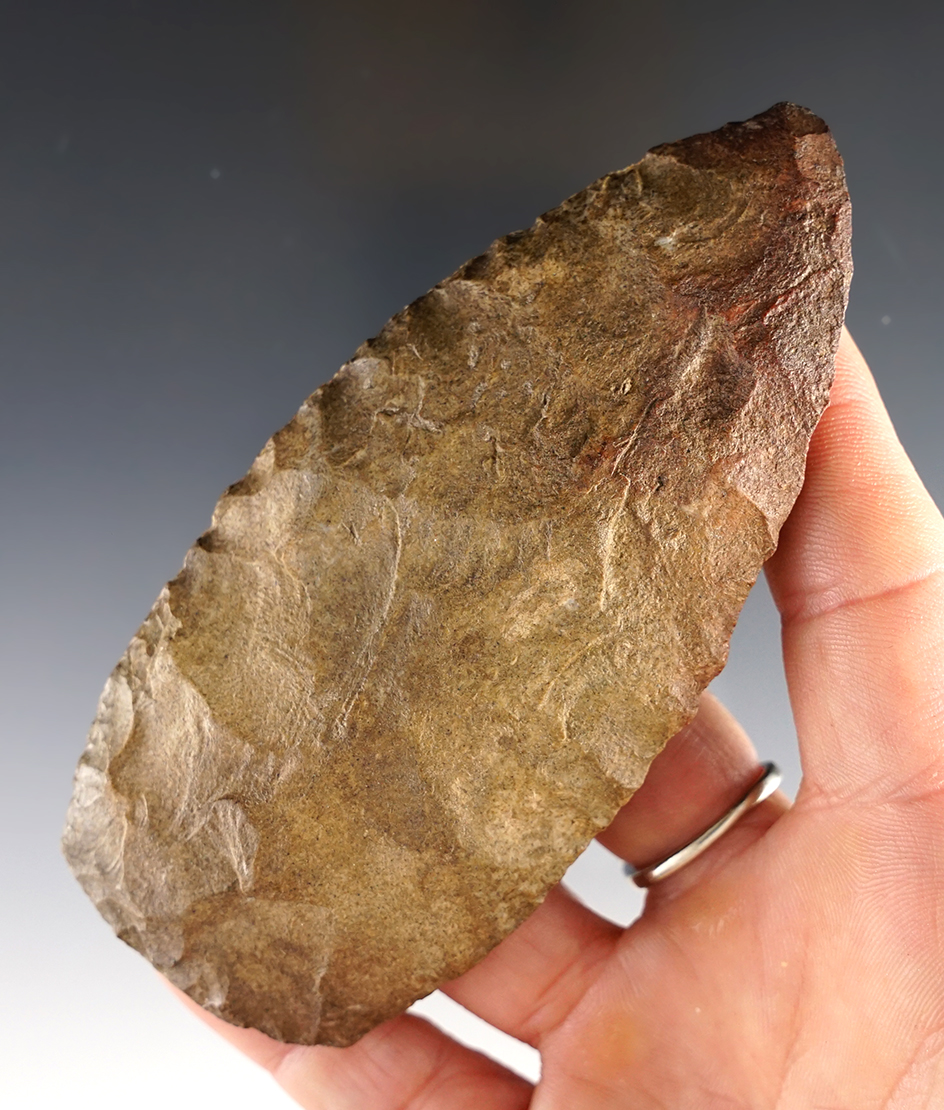 Clermont County Cache! 4 3/8" Cache Blade made from patinated tan and gray chert.