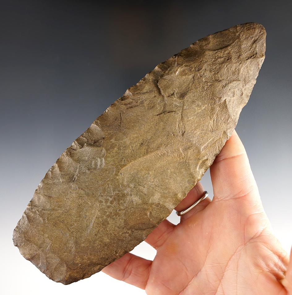 Clermont County Cache! 6 9/16" Cache Blade made from patinated tan and gray chert.