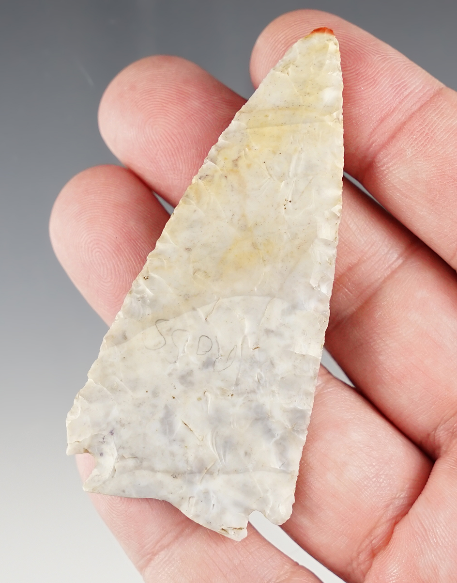 Thin and fine 3" Archaic Decatur Fractured Base Point made of Flint Ridge. Ross Co., Ohio.