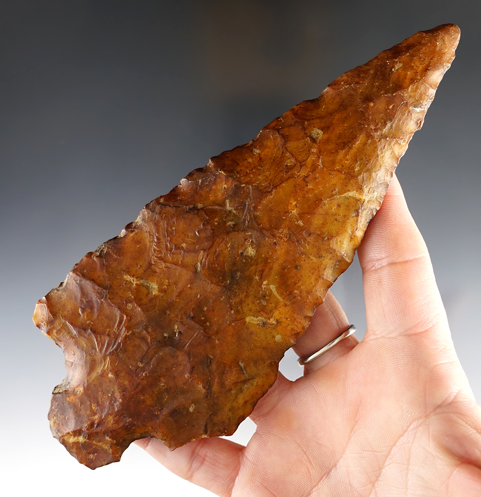 Large! Heavily patinated 6 3/8" Flint Ridge Flint Hopewell Knife found in Wood Co., Ohio. 