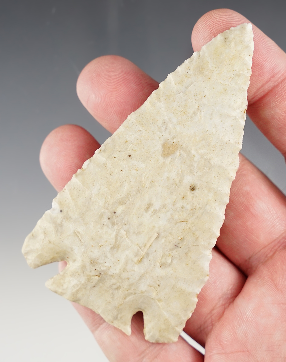 3 5/8" Flint Ridge Decatur Fractured Base Point. Classic base fracture. Found in Fairfield Co., Ohio.