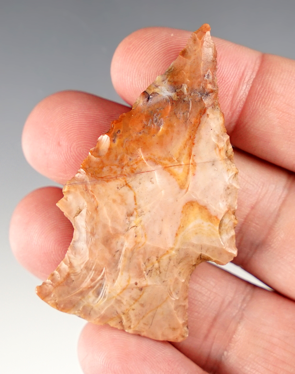 2 7/16" Stemmed Knife made from colorful Flint Ridge Flint found in Licking Co., Ohio. 