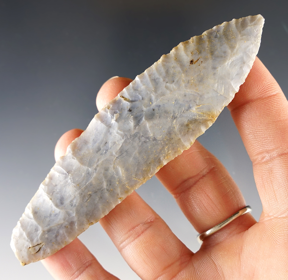 4 3/16" Ohio Paleo Lanceolate with nice ancient grinding to the lower stem sides. 