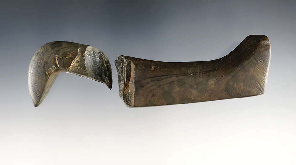 5" long undrilled Birdstone that was found in 2 pieces in Madison Co., Ohio. Ex. Bill Likens.