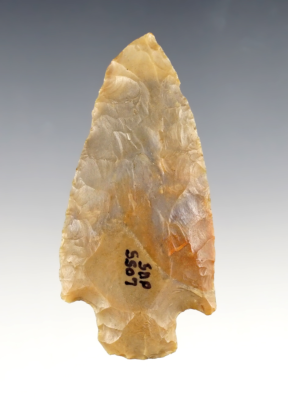 3 1/16" Stemmed Point made from colorful Carter Cave Flint. Found in the Midwest.