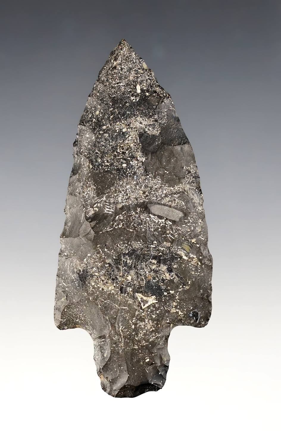 3 5/8" Adena made from a nice speckled grade of Coshocton Flint. Found in Sandusky Co., Ohio.  