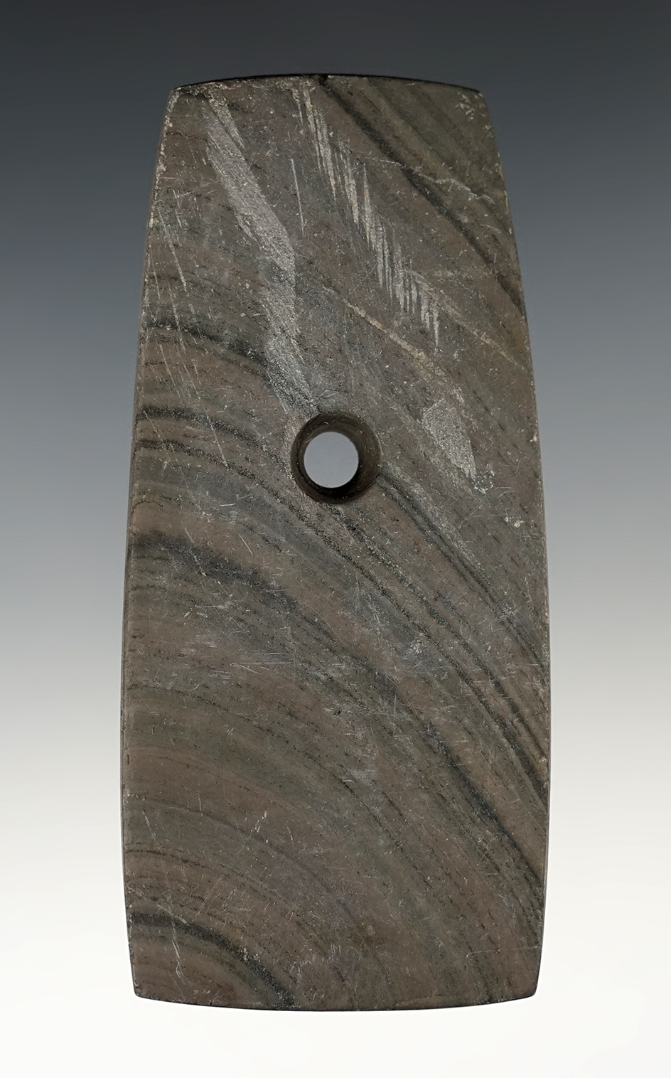 4 3/16" Adena Trapezoidal Pendant made from Banded Slate. Ex. Harold Benroth Collection.