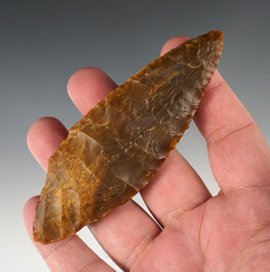 4 1/2" Cascade Shouldered Leaf Blade made from caramel Agate. Found near the Columbia River.