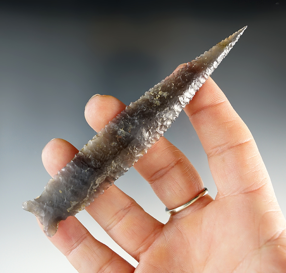 Exceptional flaking on this large 4 7/16" Buchannon Eared with a restored tip - Oregon.