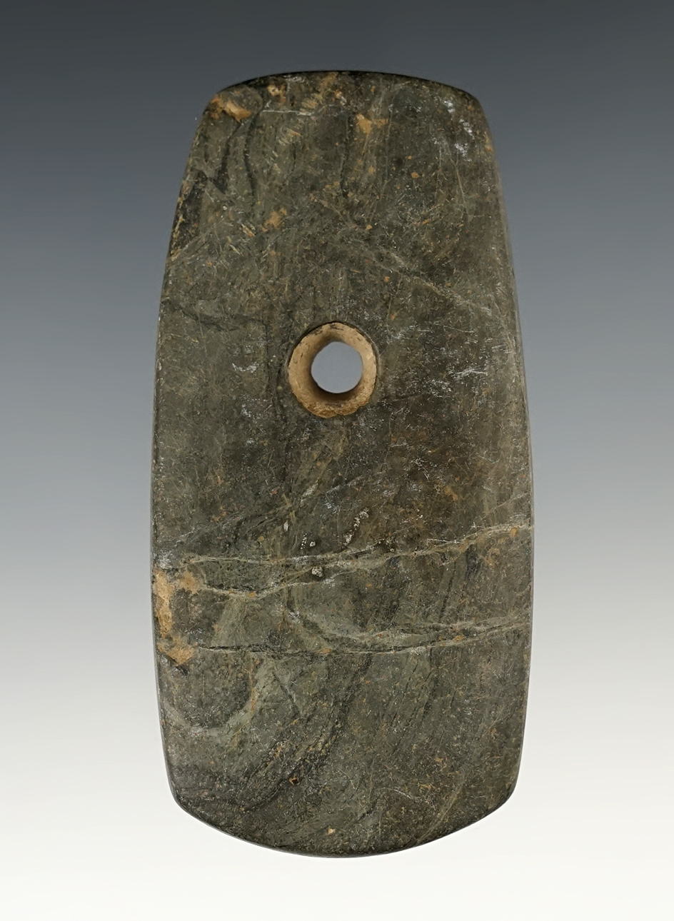 3 3/8" Adena Trapezoidal Pendant made from Banded Slate. Found in Warren Co., Ohio.