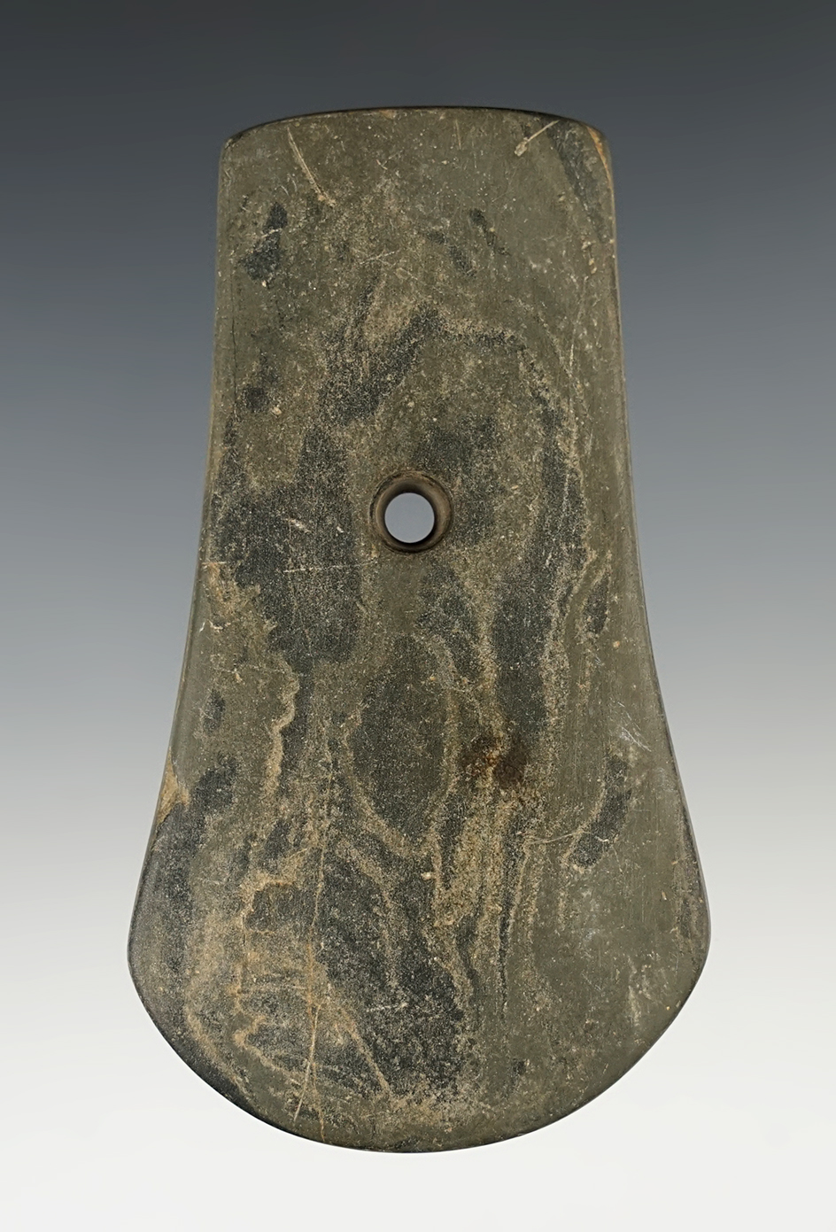 3 15/16" Adena Keyhole Pendant made from Mottled Slate. Found in Huron Co., Ohio. Ex. H.Bell.