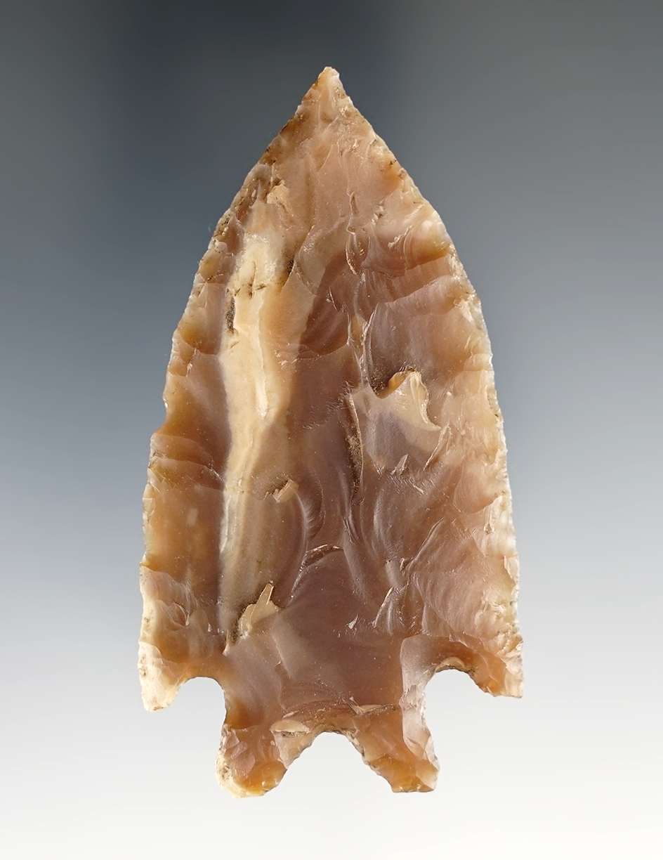 2 7/8" Pedernales made from beautifully colored Chert. Found in Kerr Co., Texas. Rogers COA.