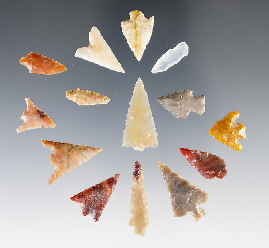 Set of 14 Assorted Columbia River Arrowheads, largest is 1 1/16".
