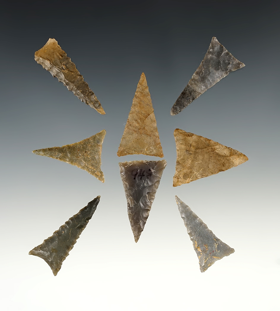 Set of eight well-made Mississippian Triangle Points found in Kentucky. Largest is 1 1/2".