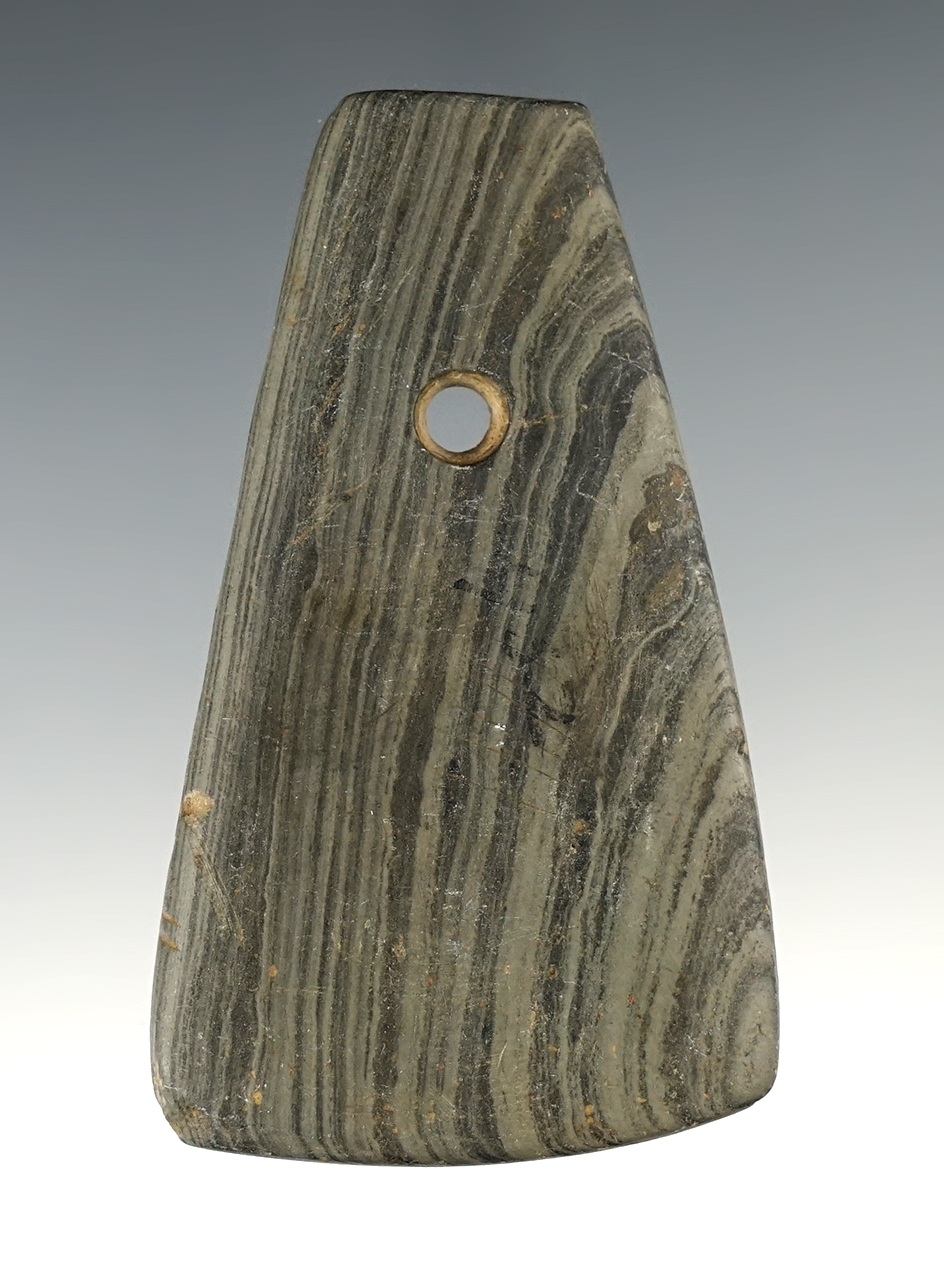 3" Hopewell Trapezoidal Pendant that is engraved from Banded Slate, found in Ohio. Ex. Barron .