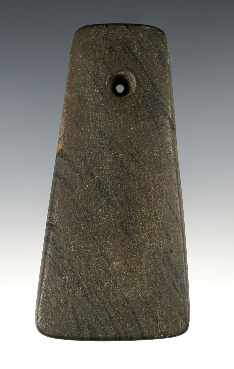 3 13/16" Adena Trapezoidal Pendant made from green and black Banded Slate, found in Ohio.