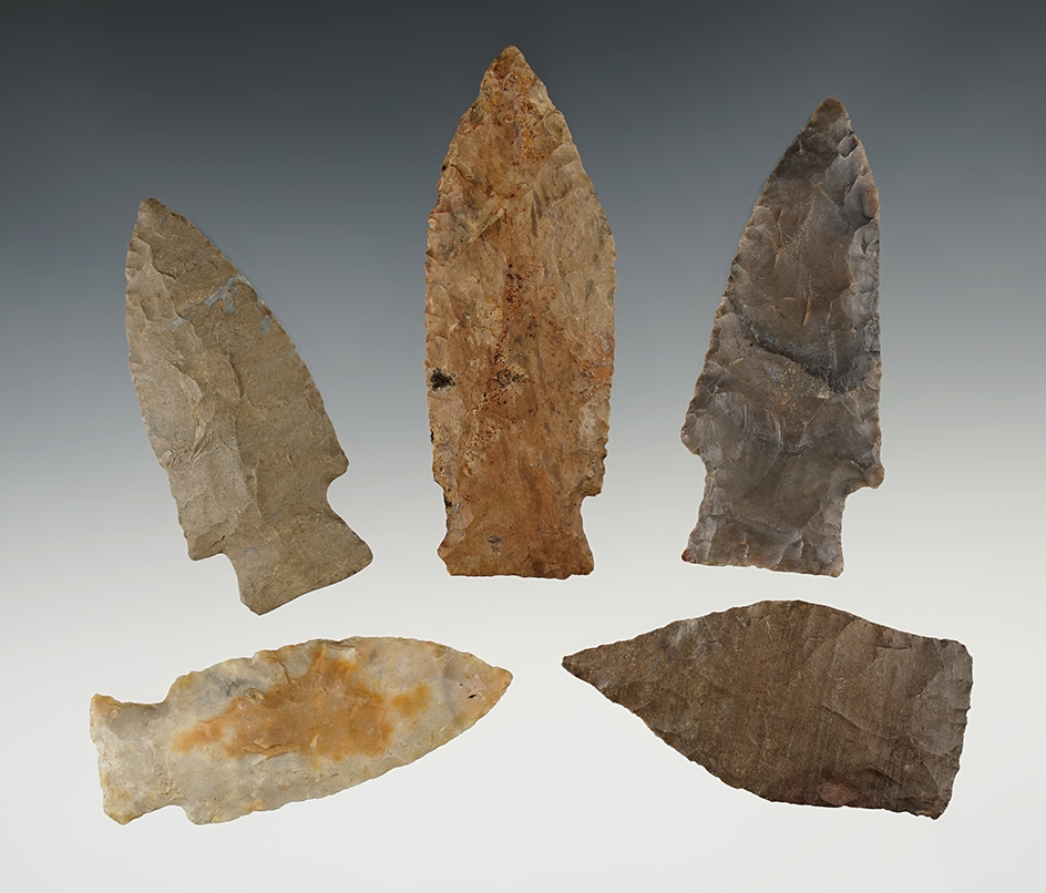 Excellent group of five assorted points found in Tennessee. Largest is 3 18".