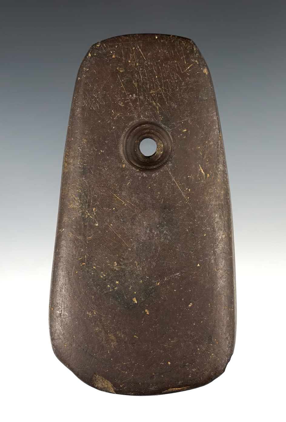 4 1/4" Adena Trapezoidal Pendant made from Banded Slate. Found in Seneca Co., Ohio.