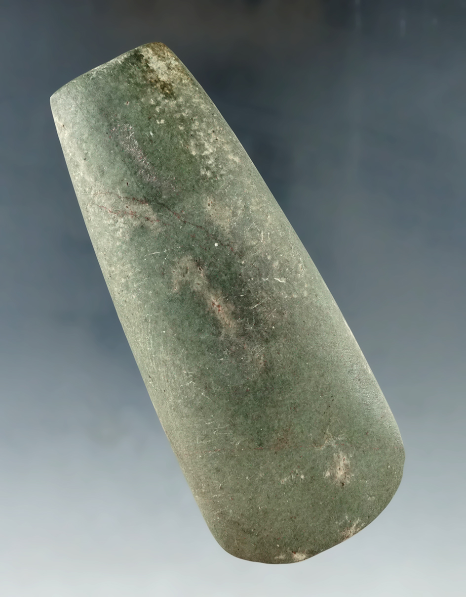 4 1/4" Greenstone Celt with great polish and bit, found in Fairfield Co., Ohio. Ex. Jack Hooks.
