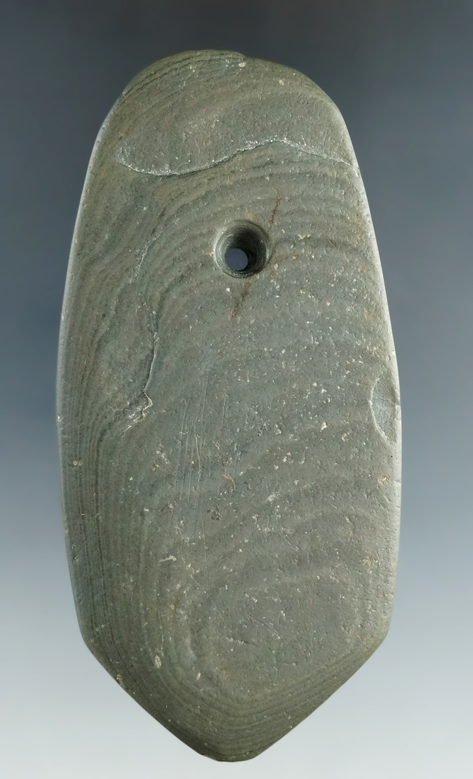 3 7/8" Tear Drop Shield Pendant made from Banded slate with "worm track", Wyandot Co., OH.