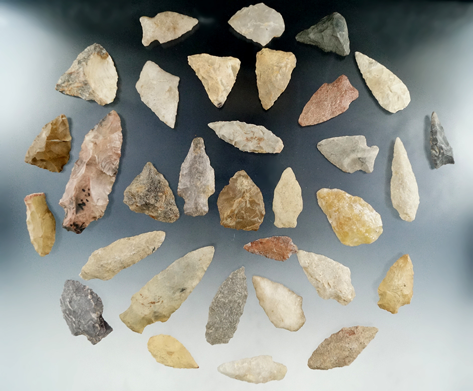 Large group of 32 assorted New Jersey arrowheads and knives, largest is 3 1/8".