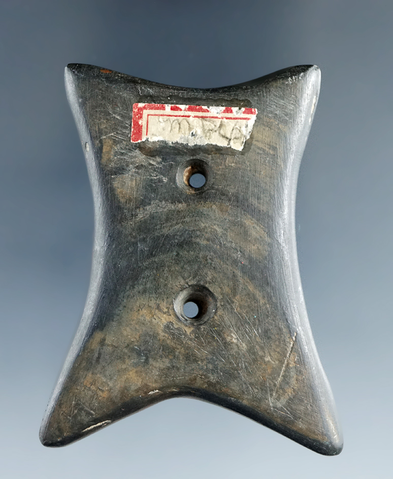 2 3/8" Hopewell Reel Gorget - Banded slate, found in Ross Co., Ohio. Ex. Tristan Perkins.