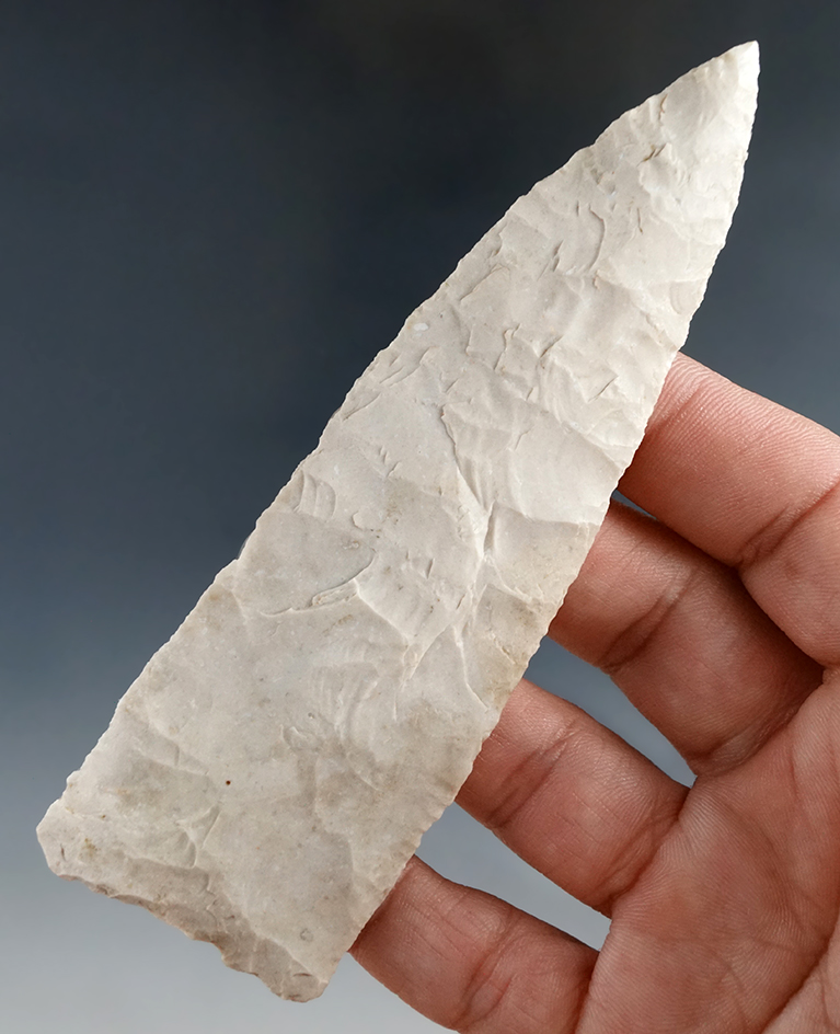 4 9/16" Friday Knife with nice flaking and style and good mineral deposits on surface. Texas.