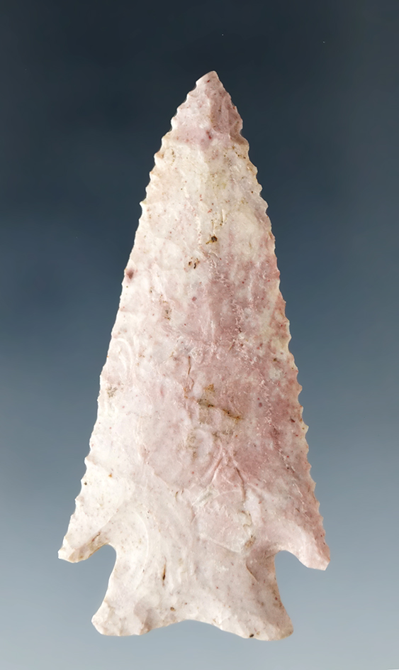 2 7/16" nicely serrated Hardin point found in Calhoun Co., Illinois. Very well styled artifact.