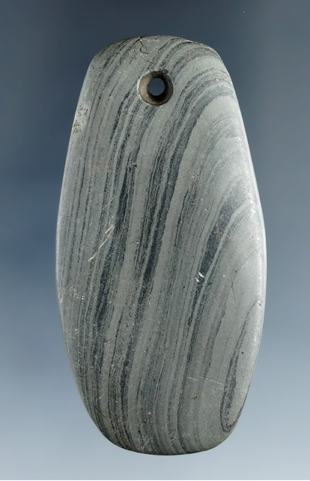 Miniature 2 5/8" Banded slate Pendant. Ex. Mrs. Harley Hunter, Earl Townsend Collections.
