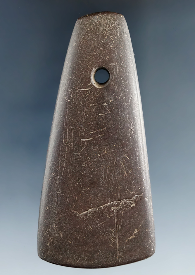 3 7/16" Adena Trapezoidal Pendant - red and black Banded slate, Crawford Co., Ohio.