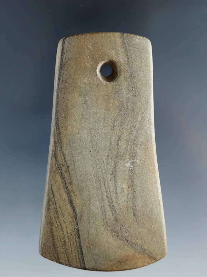 3" Adena Trapezoidal Pendant made from green and black Banded slate, Wood Co., Ohio.